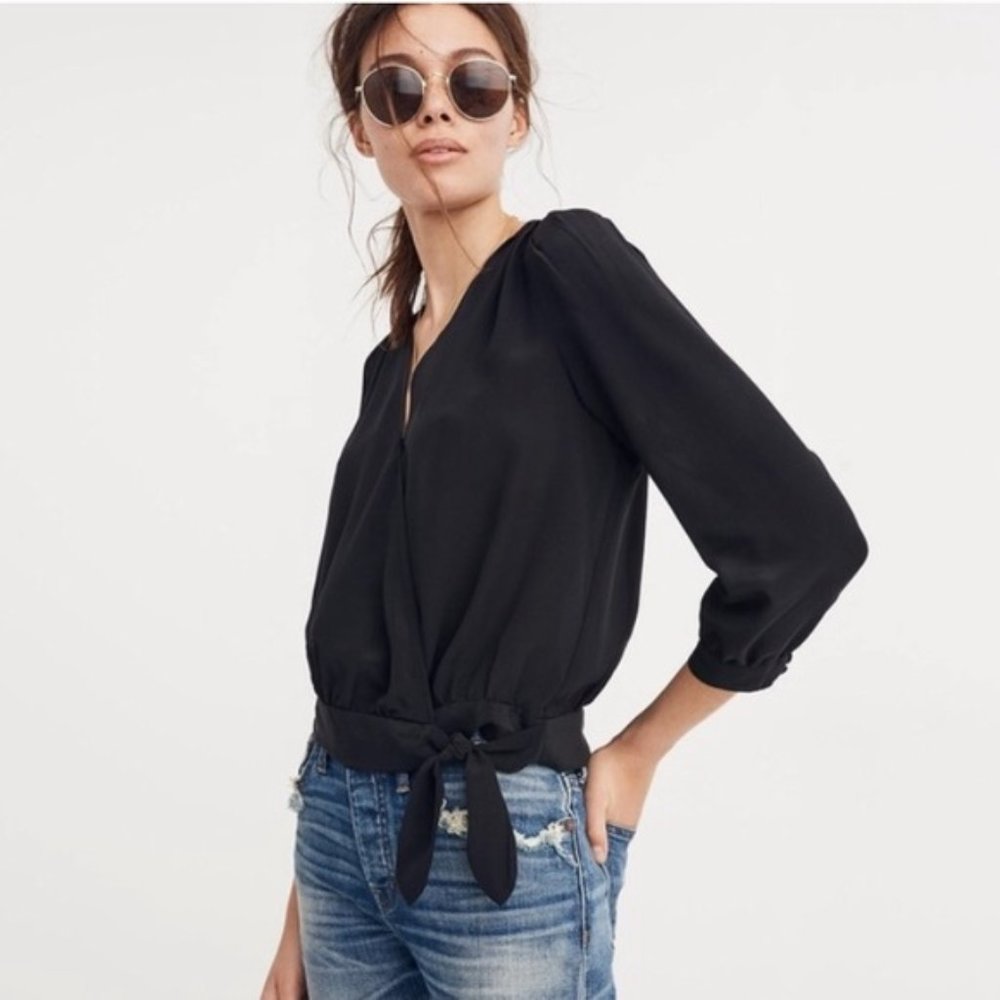 Madewell True Black Silk Wrap Top